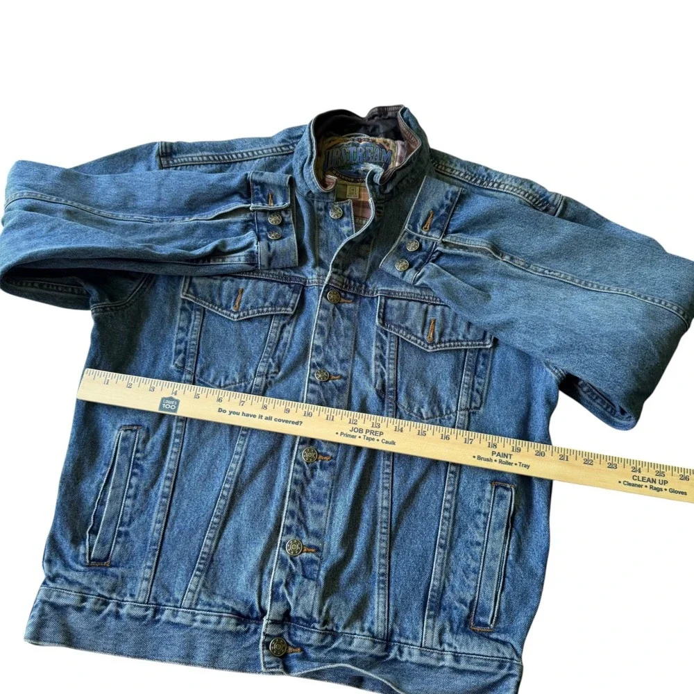 Vintage 90s Dunbrooke Upstream Denim Jacket Leather Collar Plaid Lined M Trucker